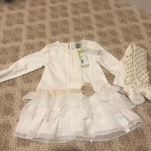 Petit Lem winter white and gold dress and tights - size 9 months
